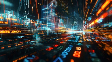 Obraz premium Detailed visualization of a stock market trading floor, represented abstractly with streams of data and light reflecting rapid transactions