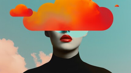 A sharp focused photo of a figure with a mirror face surrounded by colored clouds and floating symbols that represent emotions set against a minimalist background to emphasize the surreal elements