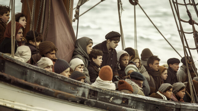 A crowded antique ship with passengers bundled up in cold-weather gear, sailing across chilly waters, reminiscent of historical voyages or immigrant journeys.