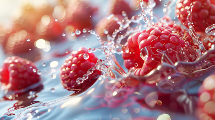 Raspberries splashing into water, with droplets suspended mid-air, illustrating freshness, vitality, and the concept of organic food.