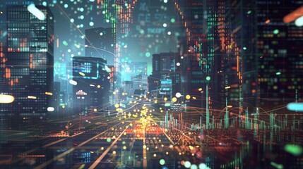 digital visualization of equity markets in motion, with floating stock tickers and fluctuating graphs against a cityscape backdrop