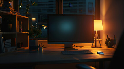 A night-time office view with a computer on the desk, a glowing lamp, and city lights streaming through the window, suggesting a productive late-night work session.