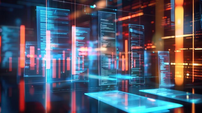 High-tech depiction of a corporate financial audit, visualized as a series of holographic files being examined by digital tools