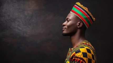 Side profile of a man wearing colorful traditional African attire and hat against a dark background, symbolizing cultural pride.