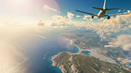 Fototapeta premium An airplane soars high above the clouds, offering a breathtaking view of the sunlit coastline below, creating an inspiring sense of freedom and adventure.