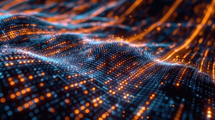 digital rendering of an advanced algorithm for predicting stock market trends, visualized as a 3D labyrinth of moving data points