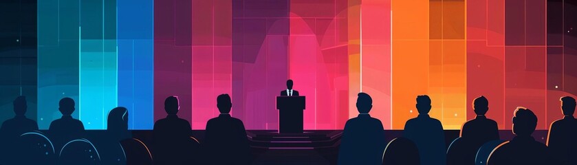 Fototapeta premium Silhouettes of an audience attending a conference with a colorful abstract background and a presenter on stage.