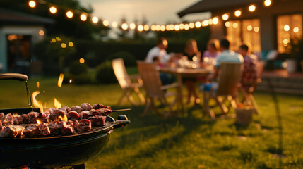 Juicy skewers sizzle over a barbecue grill with a blurred background of people enjoying an outdoor gathering under string lights.