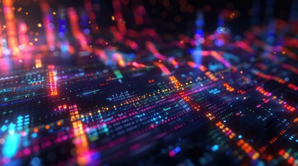 High-resolution digital art of a financial market analysis, with complex algorithms and models visualized as a dynamic, colorful display