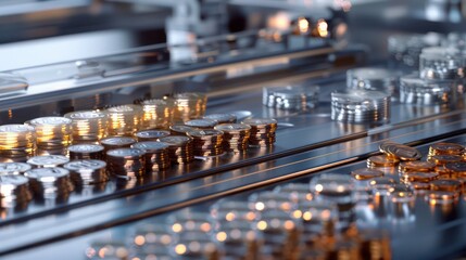 Obraz premium Detailed visualization of a dividend payout calculation, represented by a machine sorting coins into different sized piles