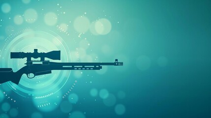 Silhouette of a sniper rifle with scope against a teal background with circular abstract overlays, evoking precision and technology.