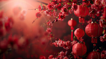 Obraz premium Traditional Red Lanterns and Cherry Blossoms Celebrating Chinese New Year at Sunset