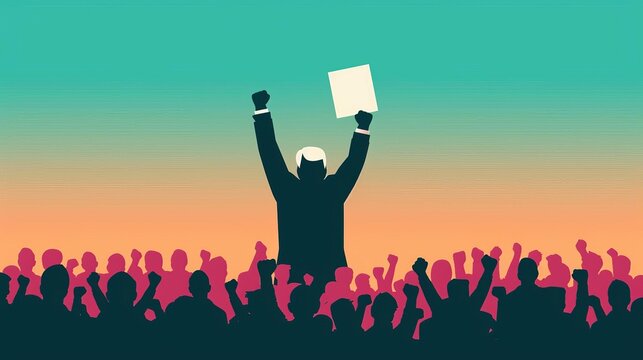 Silhouette of a speaker raising arms in front of a crowd with a colorful sunset background, symbolizing leadership and inspiration.