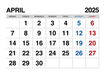 2025年4月のカレンダー月曜始まり日本の祝日表記無し
