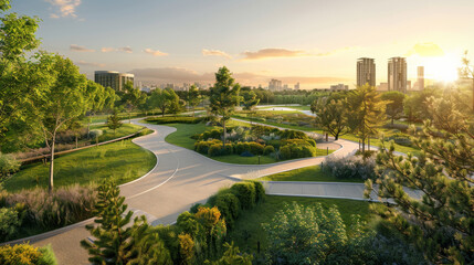 Fototapeta premium Expansive park bathed in golden sunlight, featuring winding paths, lush trees, and a distant city skyline, creating a harmonious blend of nature and urban life.
