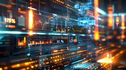 High-tech digital art showing a real-time credit risk monitoring dashboard, with pulsating lights and dynamic charts