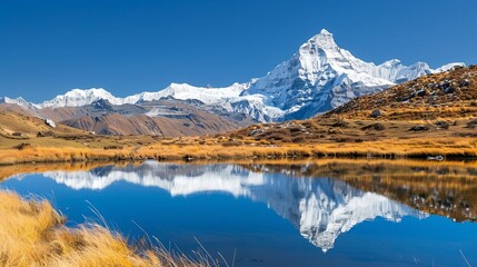 Fototapeta premium Stunning alpine lake with mountain reflection under blue sky showcasing pristine nature and scenic beauty, perfect for outdoor enthusiasts.