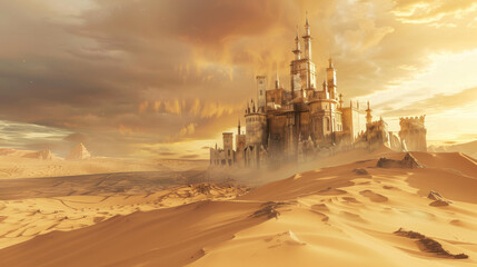 Obraz premium Sandswept medieval castle basking in the golden sunlight amidst a vast desert, evoking a sense of grandeur and abandonment.