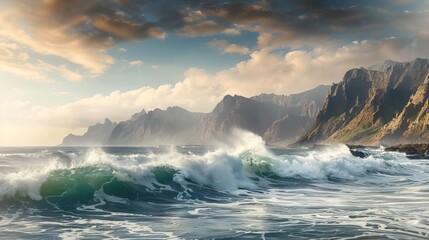 Fototapeta premium Stunning ocean waves crashing against a rocky coastline with dramatic mountains under a cloudy sky at sunset.