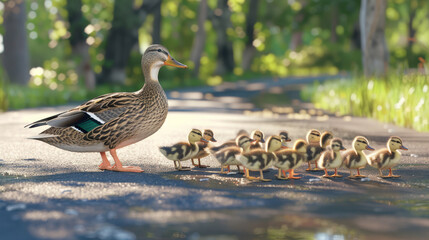 Fototapeta premium A mother duck and her twelve ducklings walk on a wet path through a lush green forest, with soft sunlight filtering through the trees.