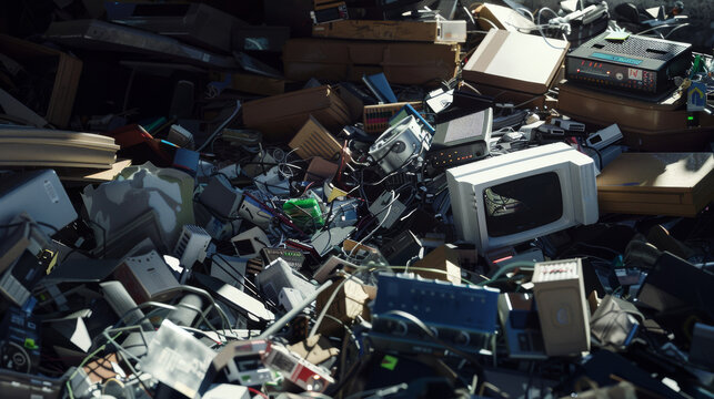 A sprawling pile of various outdated electronics, including computer monitors, circuit boards, and miscellaneous devices, tangled in wires.