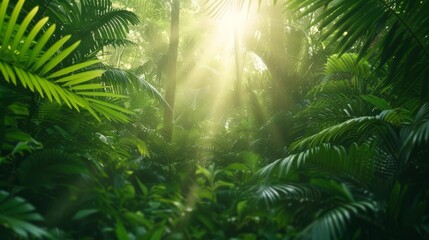 Sunlight streaming through lush green foliage in a dense tropical rainforest, highlighting the vibrant natural beauty and tranquility.