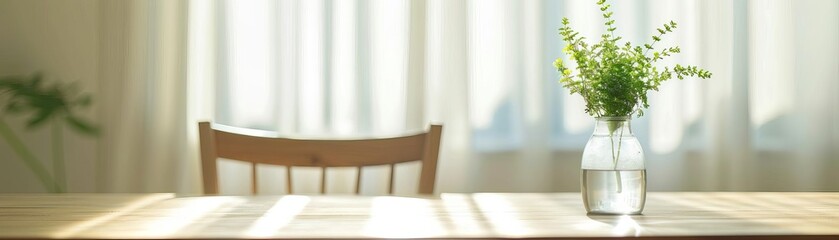 Sunlit wooden table with a simple vase of greenery, creating a minimalist and serene atmosphere. Ideal for interior design inspiration or lifestyle blogs.