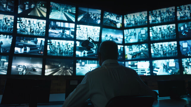 An individual monitoring an array of screens displaying various security footage in a dimly lit control room, emphasizing vigilance and modern security.