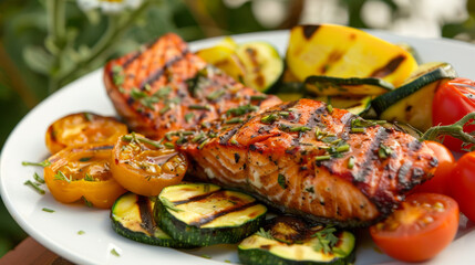Grilled salmon fillets on a white plate, garnished with herbs and served with colorful veggies, creating a fresh and appetizing meal presentation.