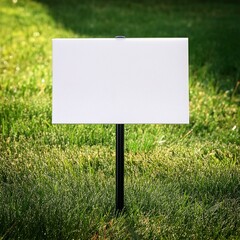 Blank temporary yard sign stuck into grass with a shallow depth of field and copy space