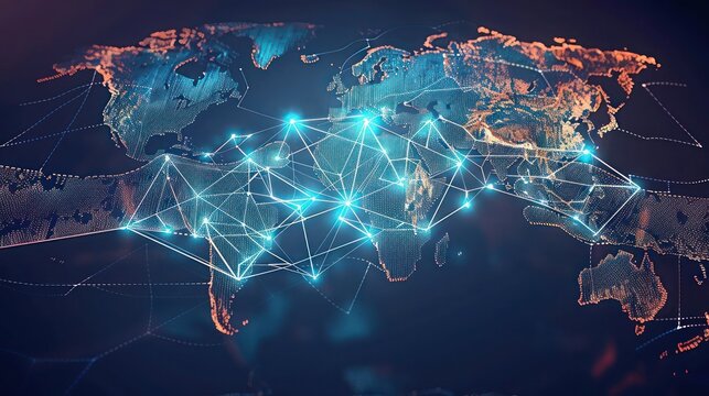 Conceptual visualization of global corporate finance negotiations, depicted as a world map with digital connections and handshakes
