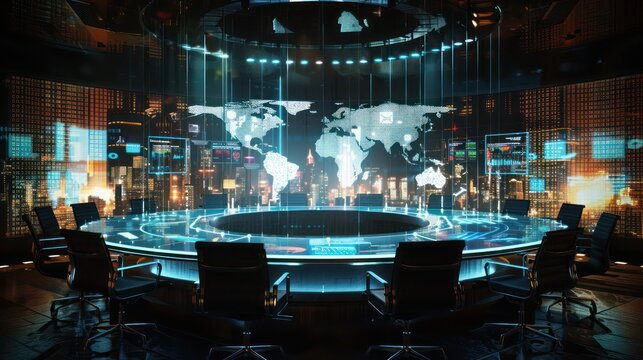 high-resolution depiction of a strategic financial meeting, visualized as a digital round table with virtual reality projections of global markets