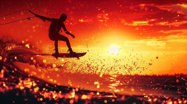 Wakeboarder silhouette trick sunset energy extreme sports adventure summer activities
