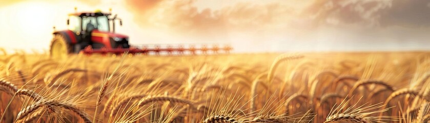 Fototapeta premium Tractor harvesting a golden wheat field during sunset, highlighting agriculture and rural farming with a picturesque sky in the background.