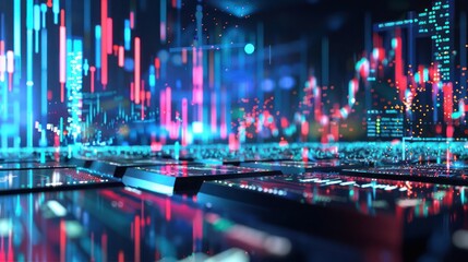 Detailed visualization of a stock market trading platform, with holographic projections of stocks rising and falling in a dynamic 3D space