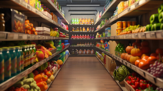 Vibrant supermarket aisle filled with a colorful array of products, including fresh fruits, vegetables, and various packaged goods.