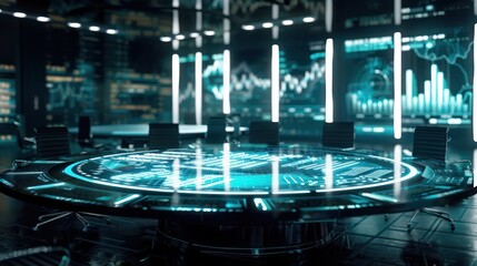 futuristic image of a corporate finance meeting, visualized as a digital roundtable with virtual reality projections of financial data