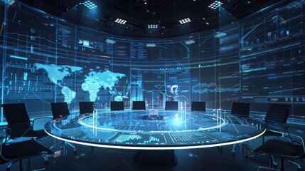 futuristic image of a corporate finance meeting, visualized as a digital roundtable with virtual reality projections of financial data