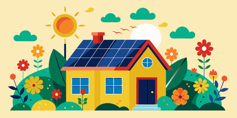 Fototapeta premium Vector illustration of a house with solar panels on the roof, surrounded by flowers and bright sunshine.