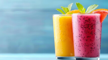 Two refreshing fruit smoothies in vibrant colors, garnished with fresh mint and fruit slices, against a blue background.