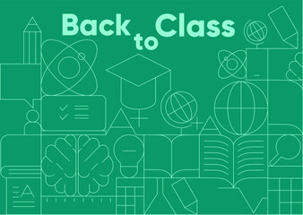 Back to school. Inviting minimalist poster design themed "Back to Class" with educational icons and elements on a fresh green background.