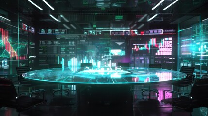 futuristic image of a corporate finance meeting, visualized as a digital roundtable with virtual reality projections of financial data