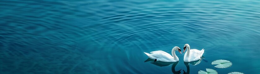 Obraz premium Two white swans gracefully float on a serene, clear blue lake, creating a picturesque and calming scene with lily pads in the water.
