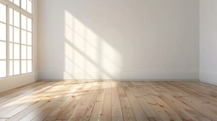 Modern empty room with wooden floor, windows and white plain wall. Contemporary interior background