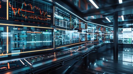 futuristic financial data center, visualized as a high-tech room filled with screens showing live financial feeds