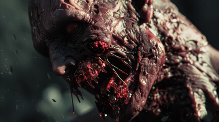 An intensely detailed, close-up shot of a grotesque, bloodied zombie, showcasing horror and decay in brutal, vivid detail.