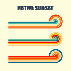 Horizontal vintage sunsets. Various colorful striped sunrise badges in 80s and 90s style. Sun and ocean view, summer vibes, surfing. Design element, print, logo or t-shirt. Vector illustration