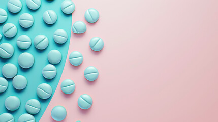 Blue pills spread across a pastel pink and blue background, providing a playful contrast between medication and artful presentation.