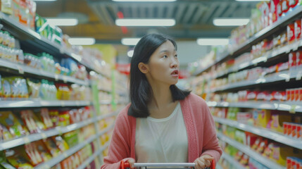 A woman in a pink cardigan pushes a shopping cart through a brightly lit supermarket aisle, appearing lost in thought amidst the array of products.