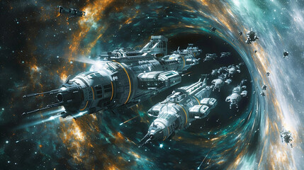 Fleet of Spaceships Approaching Galactic Vortex